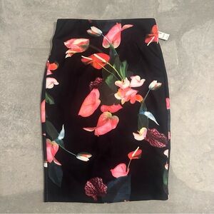 Tahari Pencil Skirt Floral Bright Flowers Black Work Office Professional XS